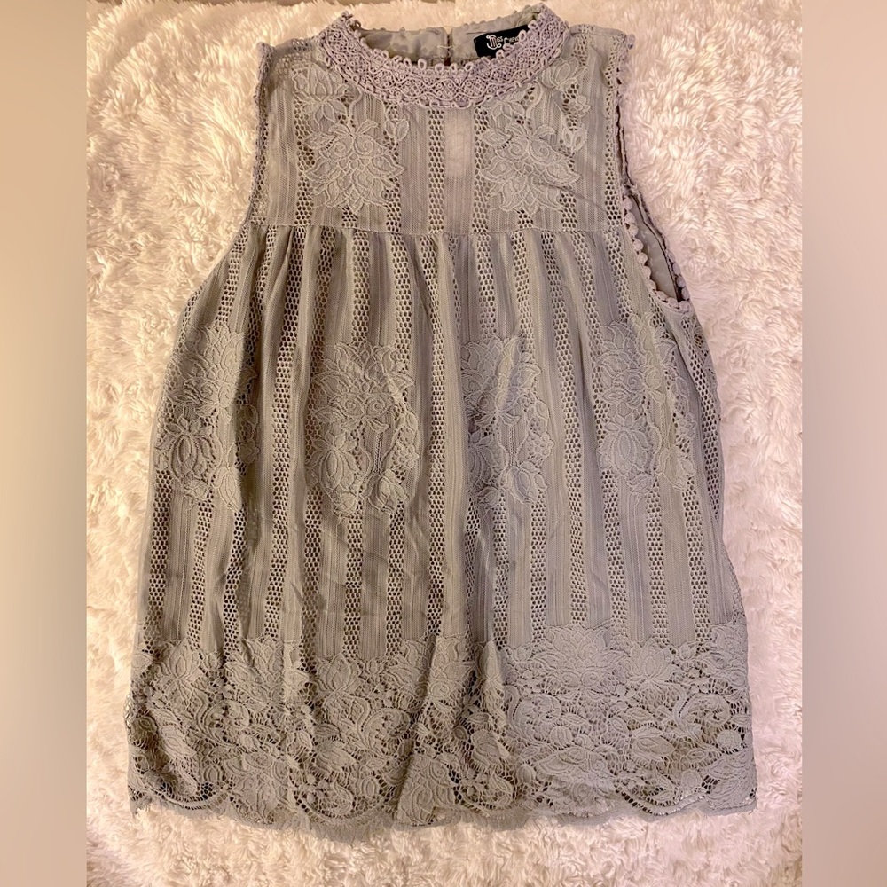 ***SOLD***MISS CHIEVOUS gray crochet lace tank top with mock neck. Size medium